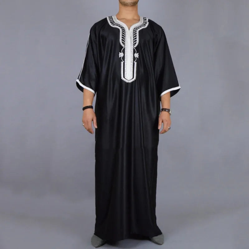 Men's Loose Abaya Short Sleeve Embroidered Moroccan Arabic Style Islamic Traditional Muslim Clothing for Men