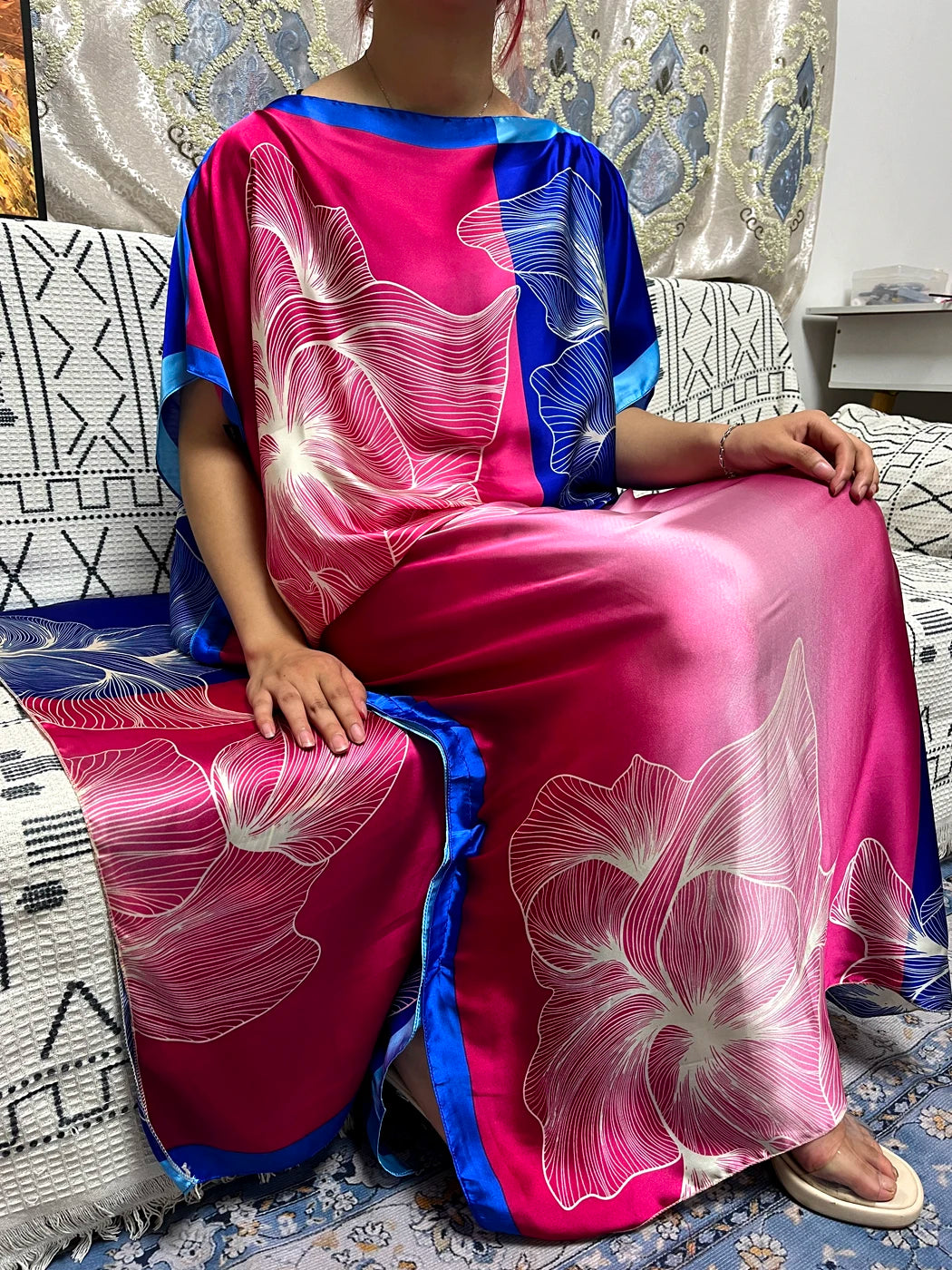 Abayas For Women 2023 Printed Silk Soft Loose Femme Robe Muslim Summer Fashion Clothing African Islam Woman Dresses With Turban