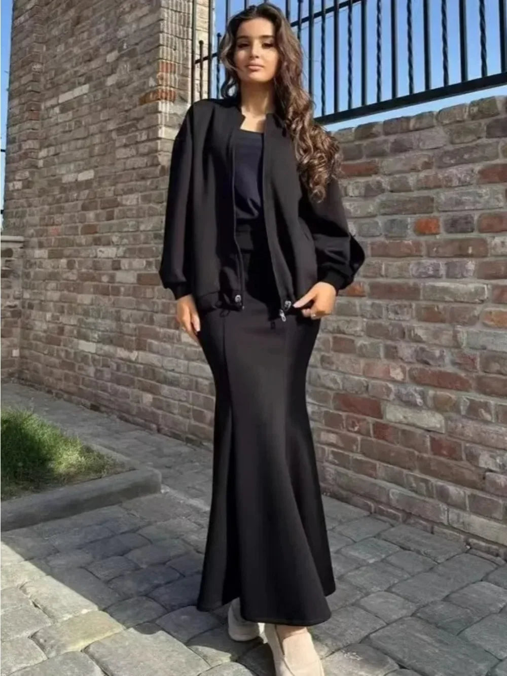 Women 2 Piece Set Coat Long Skirt Suit Zipper Jacket Morocco Dubai Islam Casual Ensemble Muslim Femme 2025 Skirts Outfits