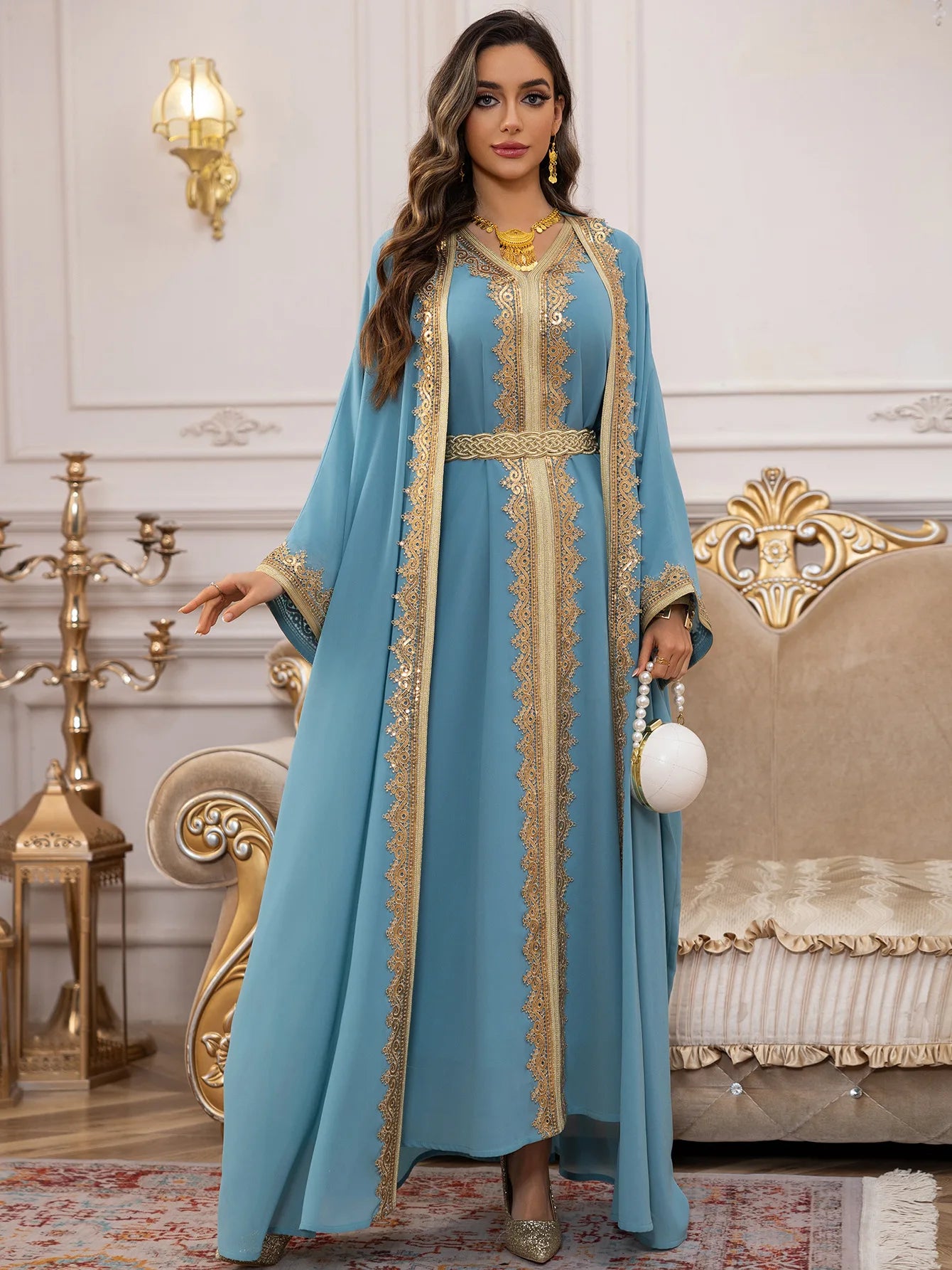 Eid Women Abaya Dress Muslim 2 Piece Set Cardigan with Inner Dress Lace-up Robe Caftan Robe Jalabiya Ramadan Morocco Kaftan 2025