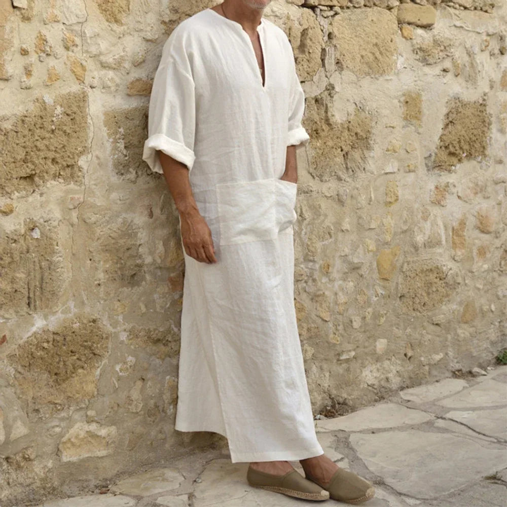 YUFEIDA Men Long Linen Jubba Thobe Kaftan Muslim Arab Islamic V-neck Long Sleeve Solid Cotton Linen Robe Muslim Arabia Man Abaya