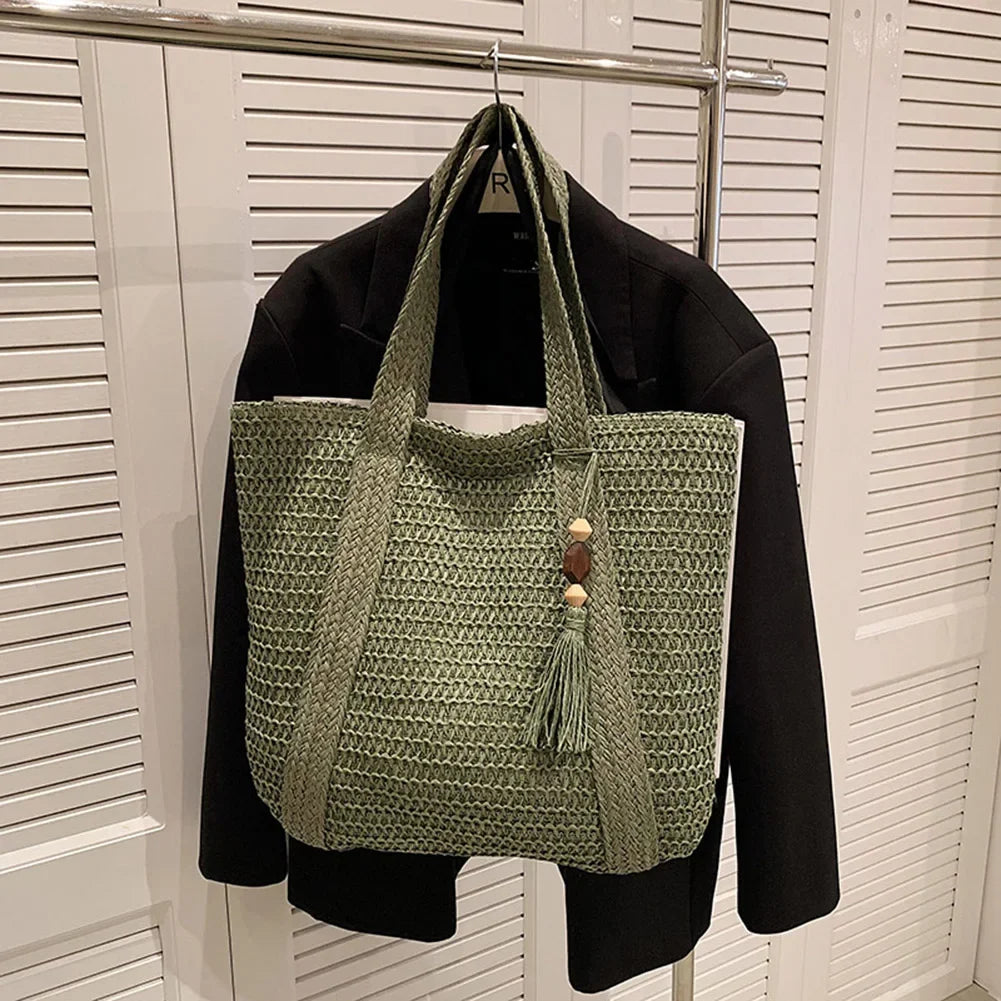 Straw Bag for Women Handmade Woven Shoulder Bag Large Capacity Tote Bags with Pendant Armpit Bag Top-handle Handbag Purse