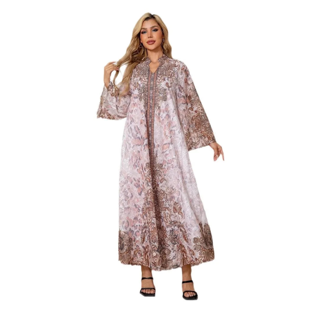 Embroidered Rhinestone Abaya Long Sleeve Modest Maxi Abaya Middle East Muslim Traditional Abaya Floral Glam Ramadan Kaftan