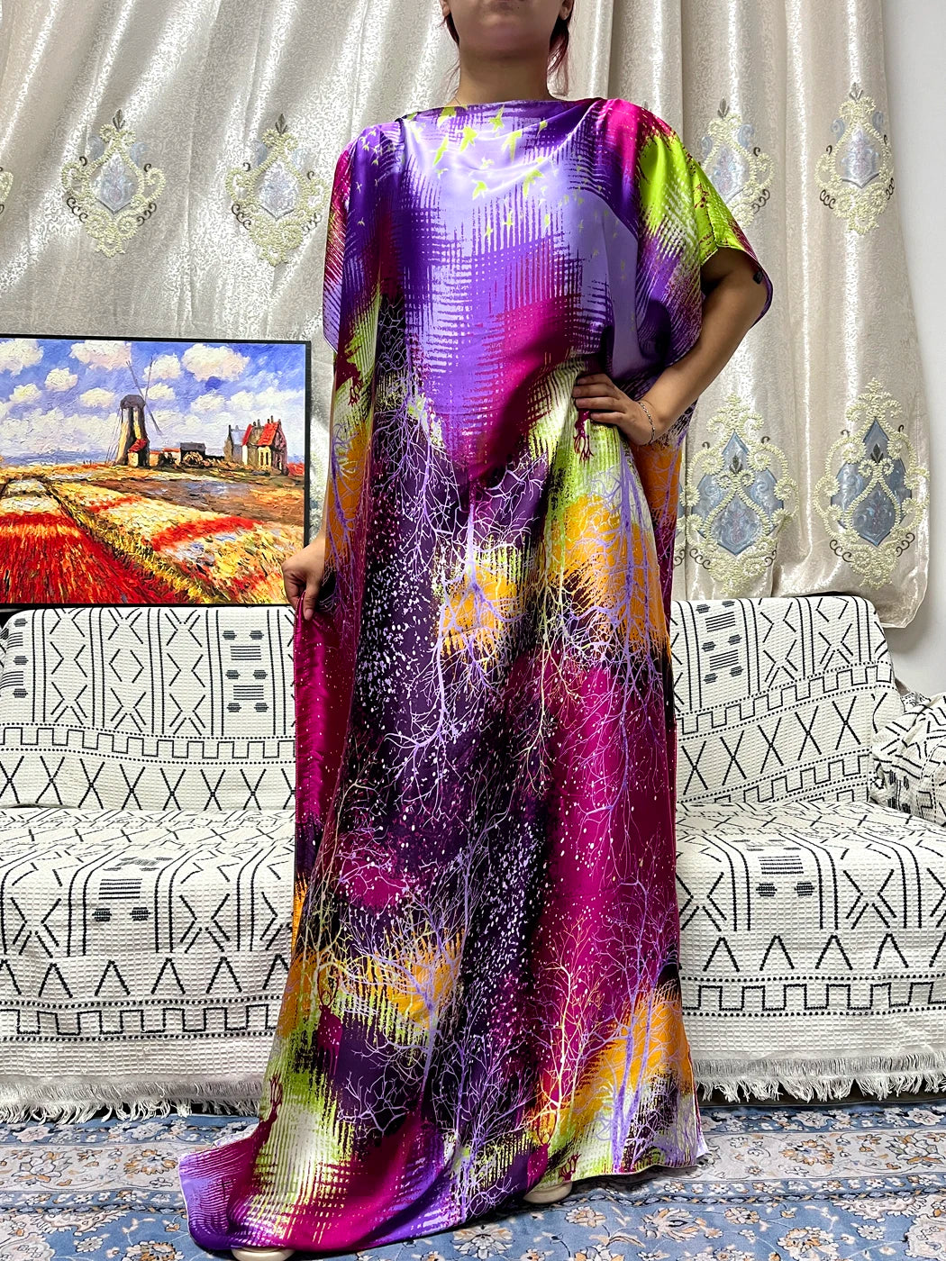 Abayas For Women 2023 Printed Silk Soft Loose Femme Robe Muslim Summer Fashion Clothing African Islam Woman Dresses With Turban