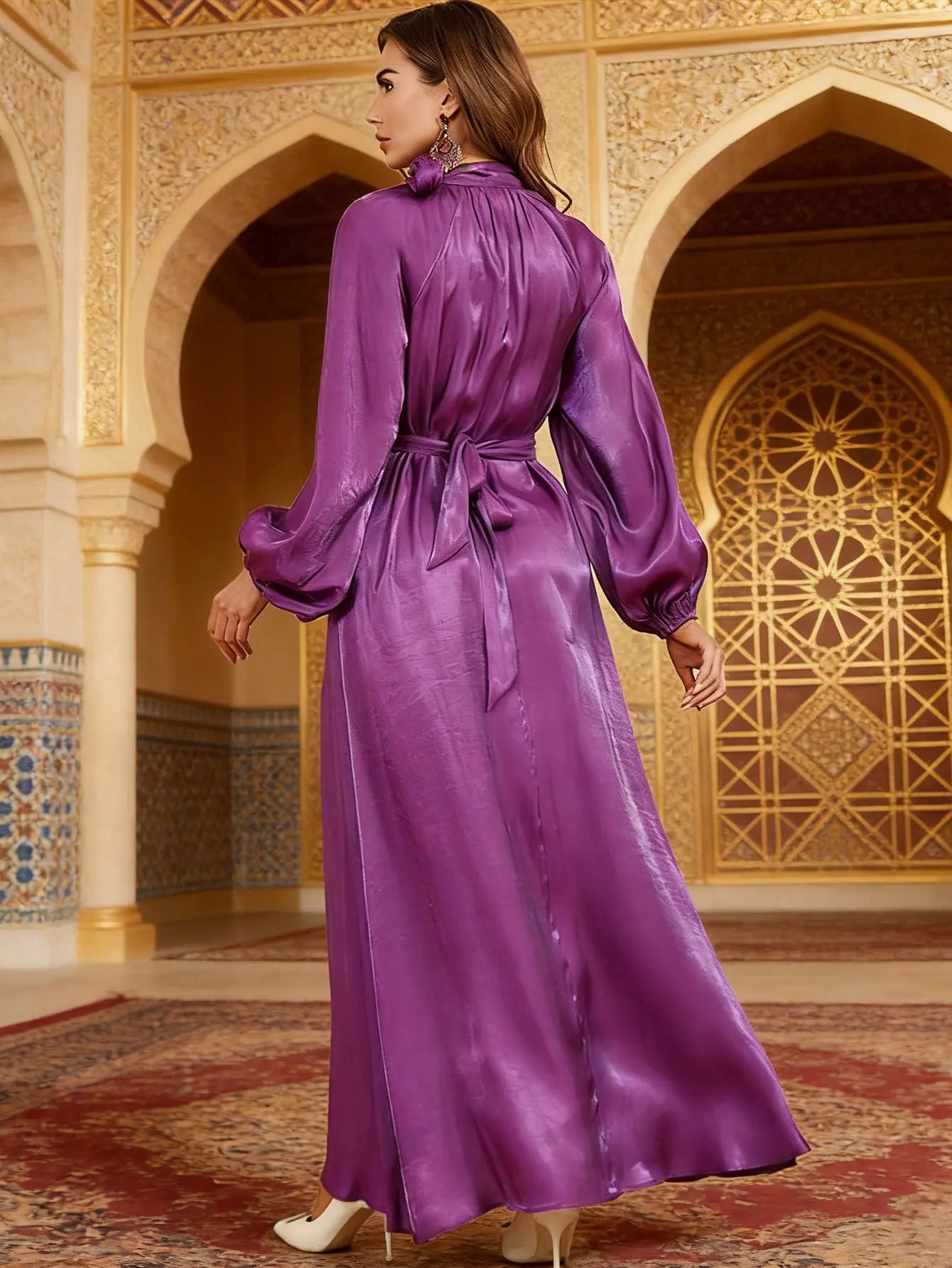 Elegant Tie Neck Abaya Belted Lantern Sleeve Maxi Dress Women Muslim Moroccan Kaftan Ramadan Jalabiya Islam Dubai Arabic Robes