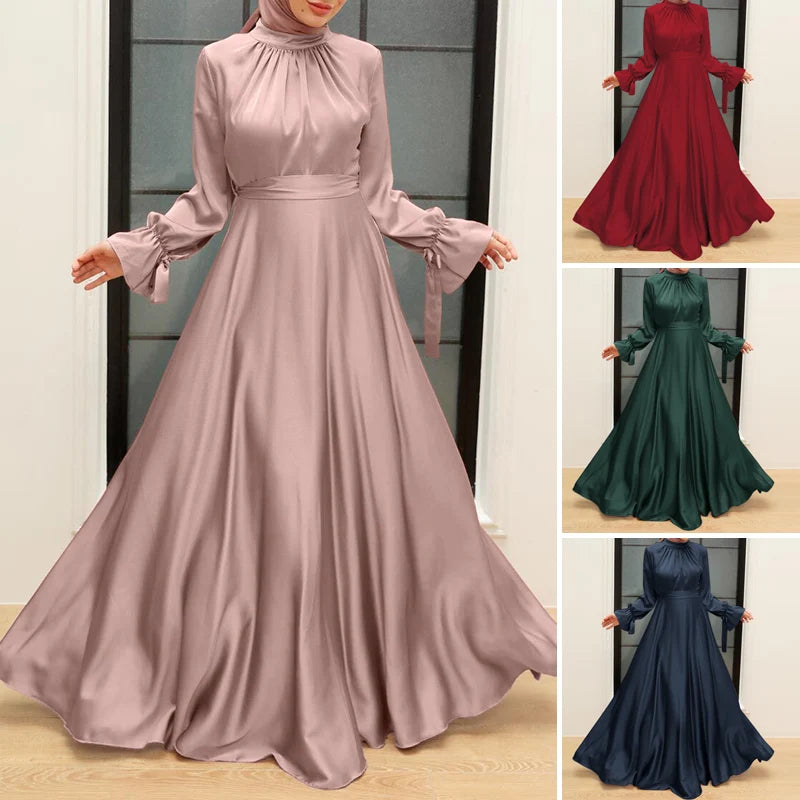 Elegant Muslim Dress Abaya Women Long Dress 2025 ZANZEA Long Sleeve Satin Party Sundress Robe Femme Turkey Hijab Vestidos Kaftan