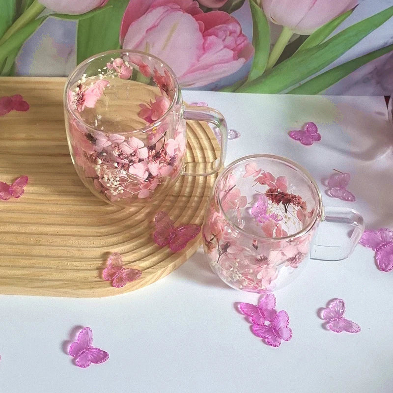 1pc Double-walled Glass Coffee Mug With A Real Flower Design Inside, Suitable For Coffee, Milk, And Other Beverages.