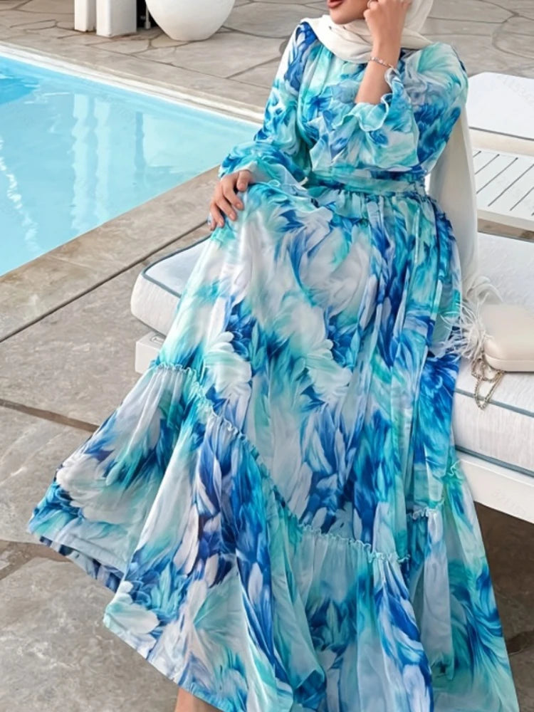 Eid Women Dress Abaya Muslim Boho Tie Dye Print Maxi A-line Ramadan Jalabiya Dubai Long Robe Kaftan Islam Vestidos Largos 2025