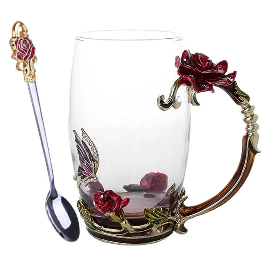 Rose Flower Cup Enamel Water Cup Heat-resistant Glass Cup Enamel Coffee Tea Cup Mug 3D Rose Butterfly Glass Cups Wedding Gift