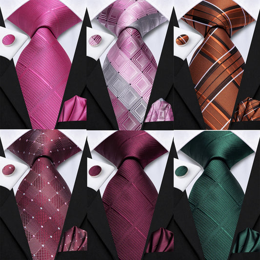 Hi-Tie Plum Color Pliads Mens Fashion Necktie Handkerchief Cufflinks for Tuxedo Classic Tie Man Gift Valentine's Day