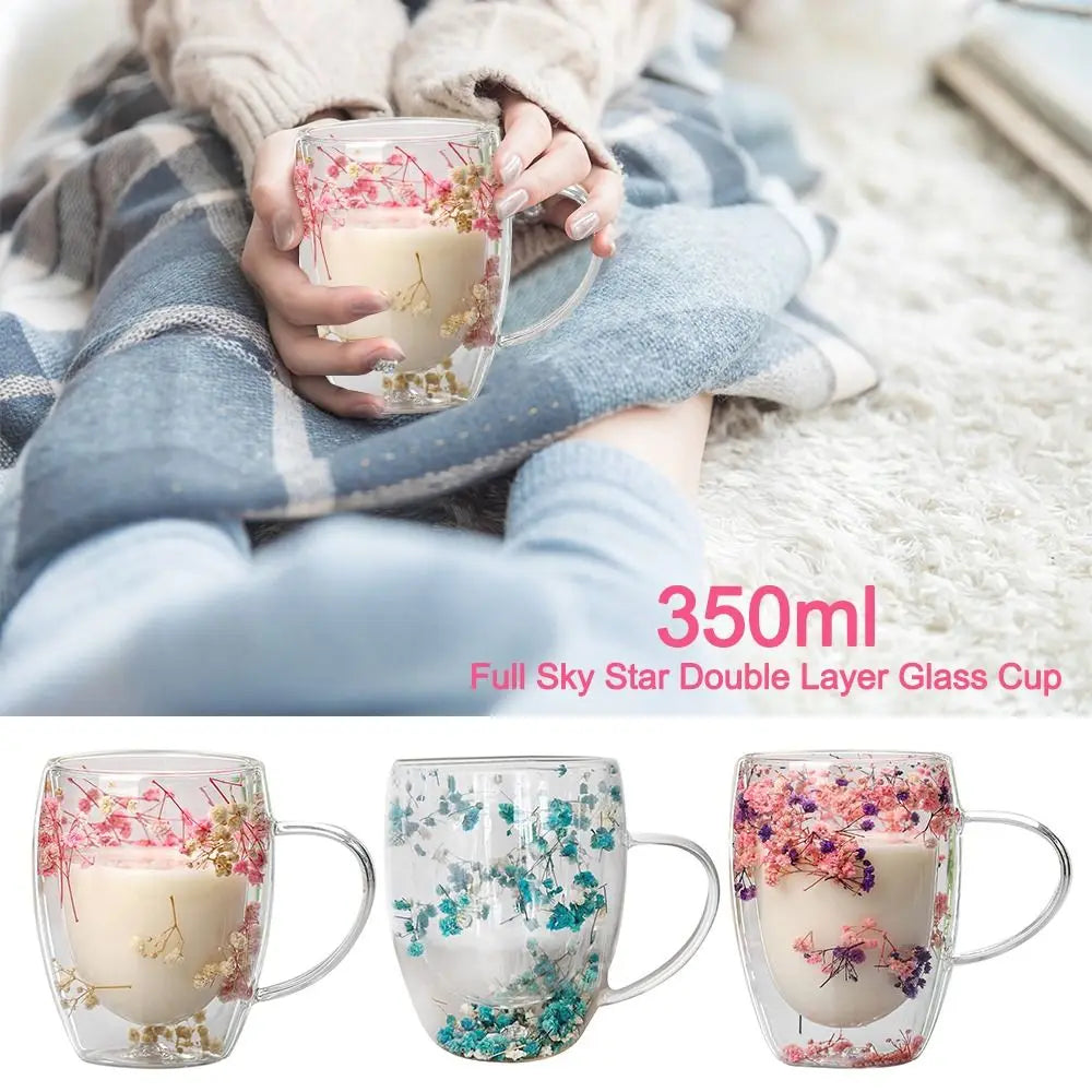 Elegant 350ml Flow Dried Flowers Glass Mugs Gypsophila with Handle Double Wall Glass Cup Heat Resistant Flower Cup Home&Office