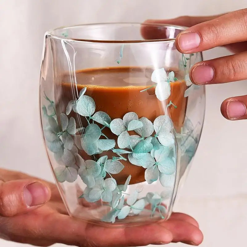 Dried Flower Double Wall Clear Glass Coffee Mugs Dried Flower Decorated Coffee Cup Milk Mug Heat Insulation Coffee Cup 350ml