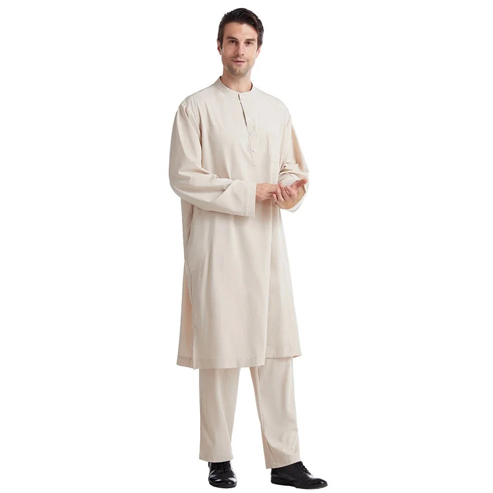 Men Jubba Thobe Muslim Two Pieces Set For Male Pakistan Dubai Saudi Abaya Prayer Islamic Clothing Worship Suit Arabic Ramadan
