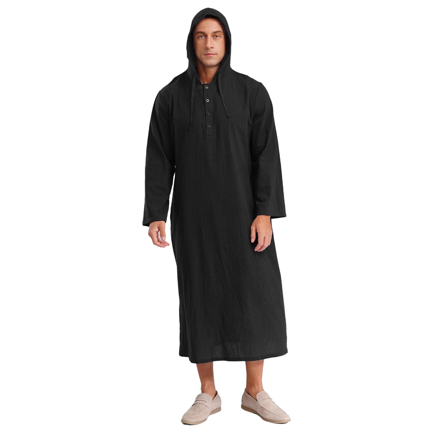Mens Jubba Thobes Linen Muslim Robe Hooded with Pockets Middle East Islam Arabic Moroccan Kaftan Eid Prayer Long Robe Dress