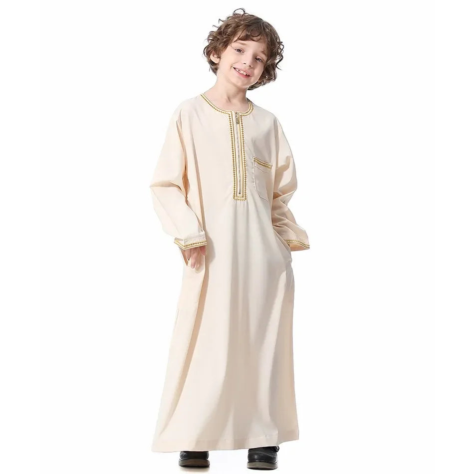 Teenage Boys' Summer Muslim Robe Kids Arab Folk Clothes Boys Solid Color Thobe 5-14 Years National Outfit for Children New
