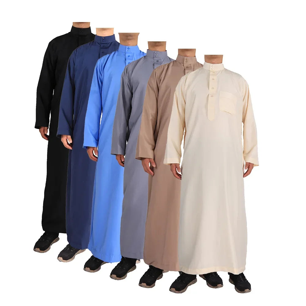 2026 Muslim Fashion Abayas Men's Solid Color Crew Neck Jubba Thobe Saudi Arabic Kaftan Robe Mid East Male Clothing Caftan Homme