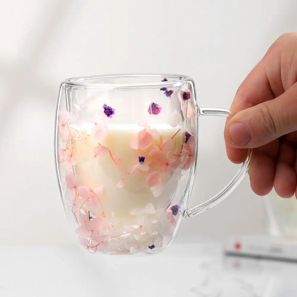 Dried Flowers Double Walled Coffee Mug 350ml Dried Flowers Glass Mugs Unique Creative Flower Mug with Handle Anti-Scalding Mug