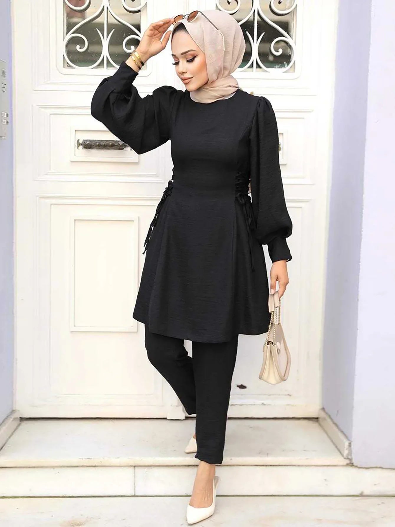 Muslim Women 2 Piece Set Women Lace Up Long Top Shirt Straight Pants Suit Ramadan Morocco Dubai  Ensemble Trousers Arabic Outfit