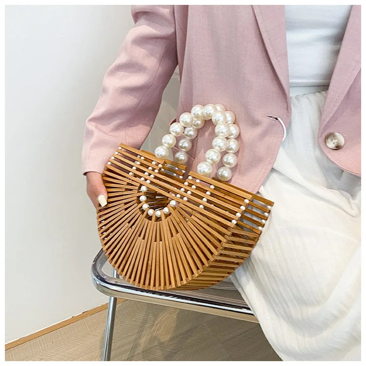 Handmade Fashion Bamboo Handbag Pearl Handle Design Elegant Women Hollow Out Beach Bag Vacation Women Straw Bag Female Bags