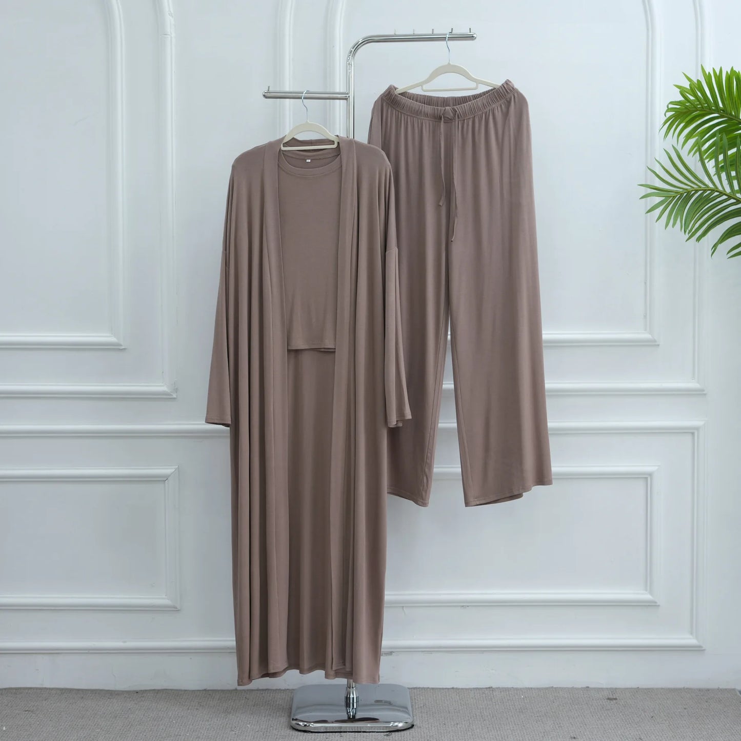 Muslim 3 Piece Set Women Cardigan Shirt Wide Leg Pant Blouse Top Suit Musulman Ensemble Dubai Casual Femme Outfits Solid Casual