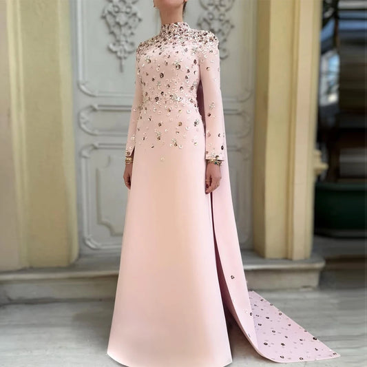 Customized Luxury Party Dress Light Pink Elegant Beaded Evening Dress Florals Exquisite Long Prom Formal Cocktail Gowns