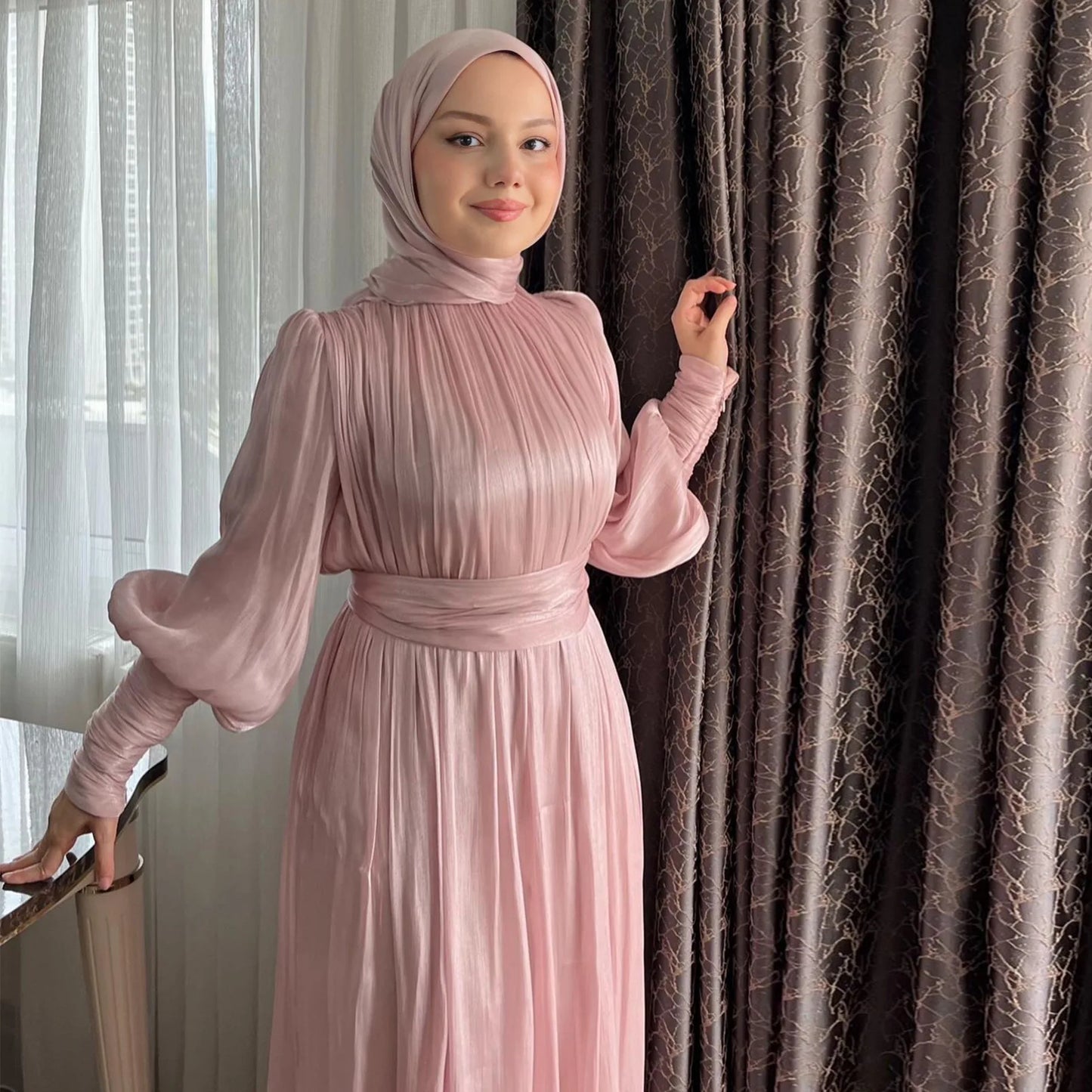Eid Abaya Modest Muslim Dresses for Women Cuff Sleeves Wrinkle Evening Party Maxi Dress Jalabiya Islamic Clothing Kaftan Robe