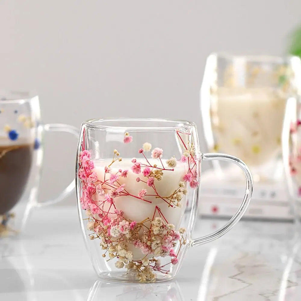 Elegant Full Sky Star Double Layer Glass Cup with Handle 350ml Dried Flowers Glass Mugs Heat Resistant  Coffee Mug Flower Cup