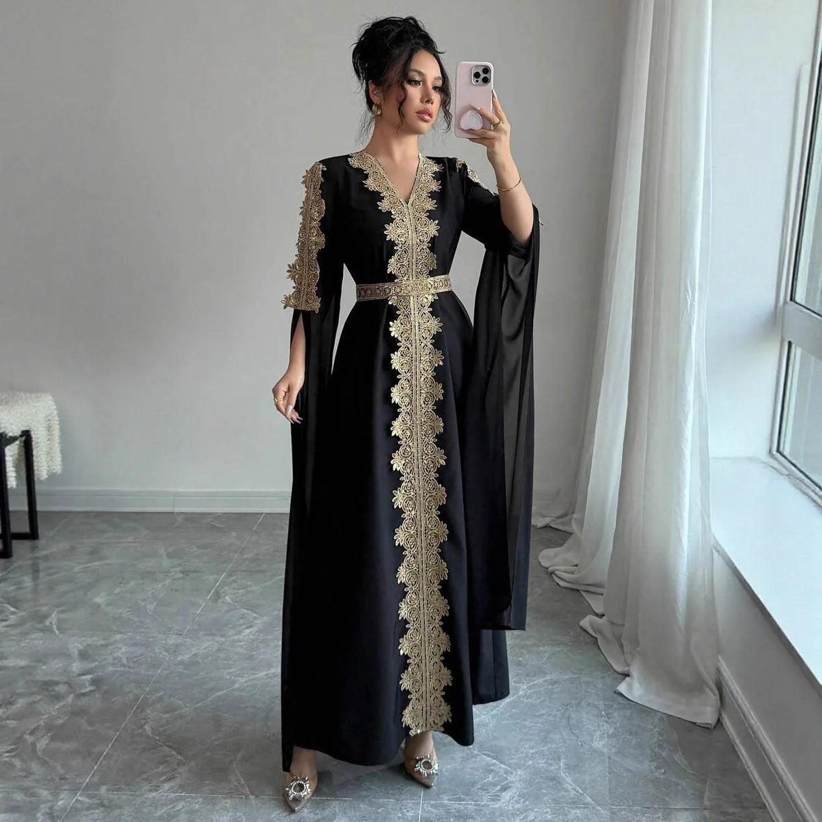 Eid Women Party Dress Abaya Split Long Sleeve Muslim Jalabiya Ramadan Solid Vestidos Largos V Neck Dresses Arab Long Robe 2026