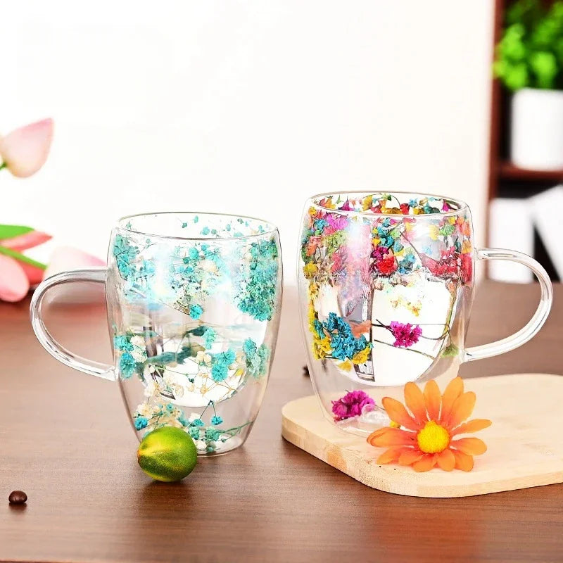 350ml Double Wall Espresso Coffee Cup Handle Flower Pattern Creative Transparent Hot Iced Beverage Beer Whisky Wine Glass Mug