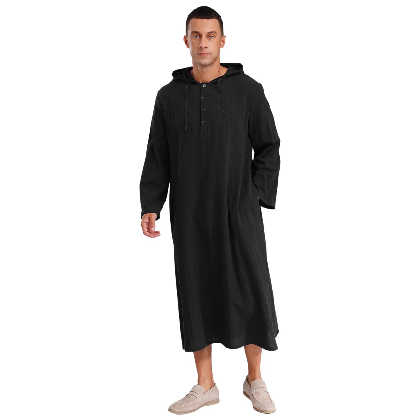 Mens Jubba Thobes Linen Muslim Robe Hooded with Pockets Middle East Islam Arabic Moroccan Kaftan Eid Prayer Long Robe Dress