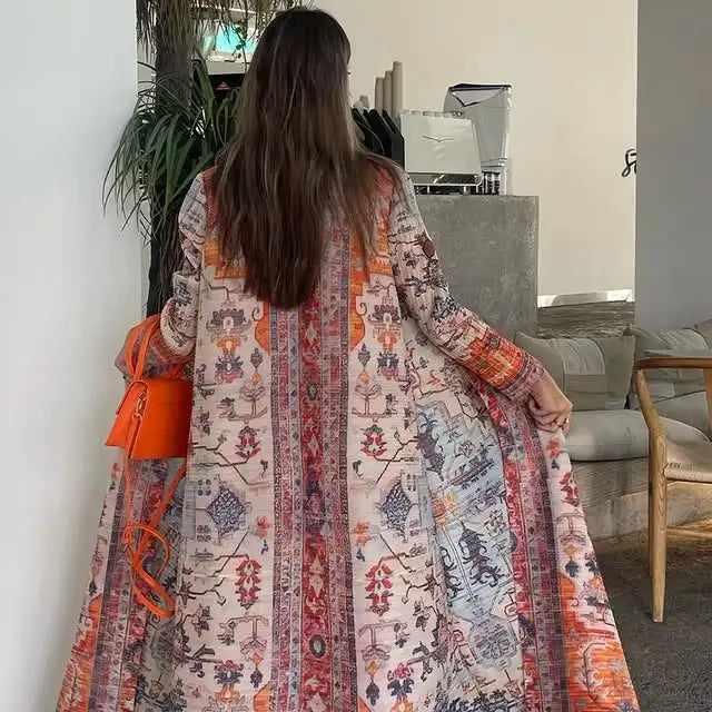 Women's Middle Eastern Muslim geometric print long robe, suitable for Ramadan, factory direct wholesale, long Muslim robe.