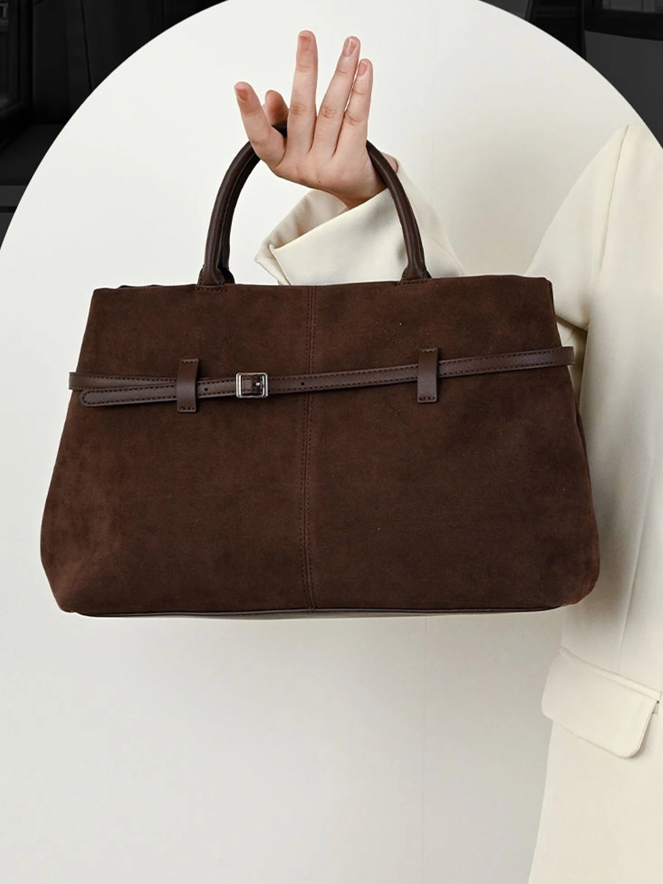 Women's handbag, French retro suede handbag, high-end buckle commuting handbag, suede large capacity crossbody bag,