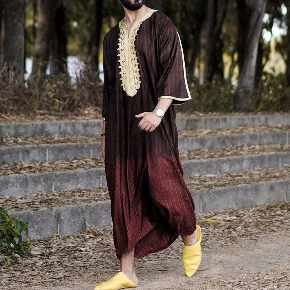 Men's Arabian Thobe - Summer V-Neck Short Sleeve Robe, Loose Fit Muslim Islamic Clothing for Casual Wear