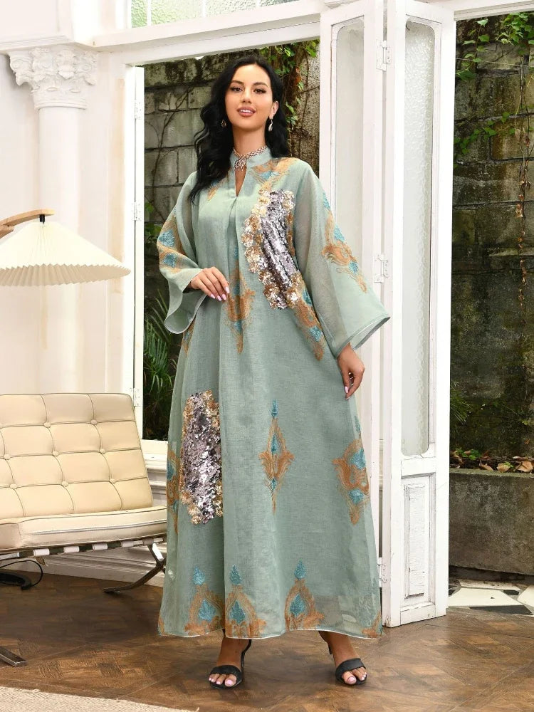 Morocco Dress for Women Muslim Abaya India Stand Collar Abayas Enbroidery Sequins Party Dresses Kaftan Longue Vestidos Largos