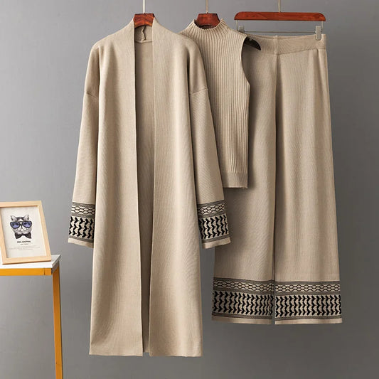 Eid Suit Women Cardigan Sweater Vest Wide Leg Pants Muslim 3 Piece Set Knitting Coat Trousers Morocco Dubai Knitwear Outfits