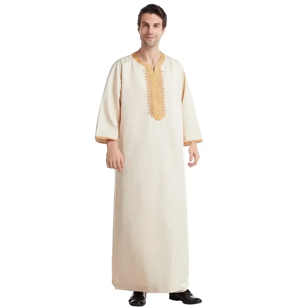 Muslim Men Jubba Thobe Solid Color Breathable Embroidery Long Robes Gown Islamic Arabic Kaftan Abaya Middle East Dubai Pakistani