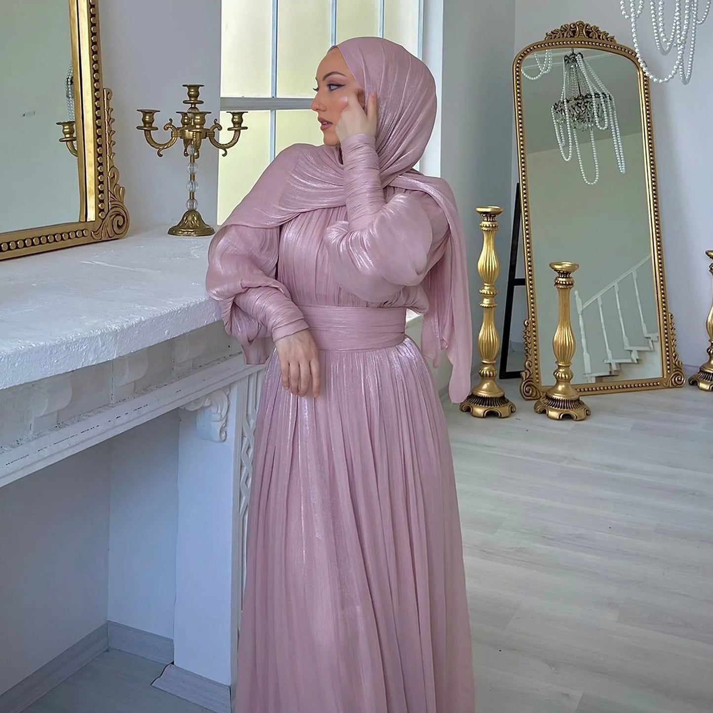 Eid Abaya Modest Muslim Dresses for Women Cuff Sleeves Wrinkle Evening Party Maxi Dress Jalabiya Islamic Clothing Kaftan Robe