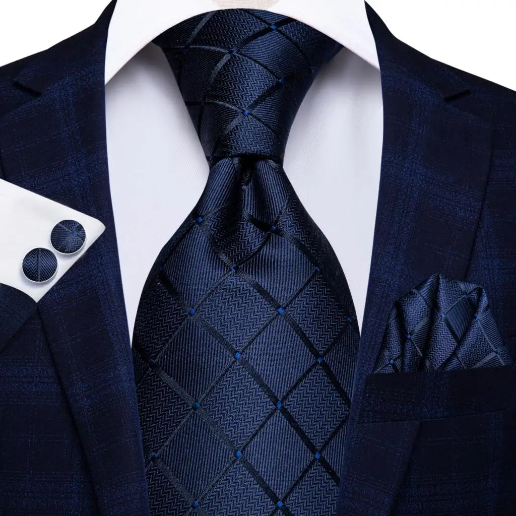 Hi-Tie Plaid Silk Tie For Men Elegant Mens Blue Grey Necktie Pocket Square Cufflink Groom Wedding Accessory Wholesale Designer