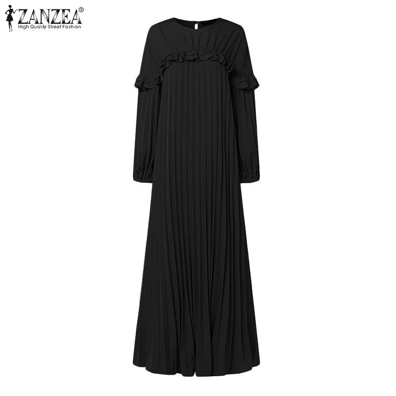 ZANZEA Elegant Hijab O Neck Maxi Dress Pleated Women Solid Muslim Islamic Abaya Robe Lantern Sleeve Casual Ruffles Vestidos