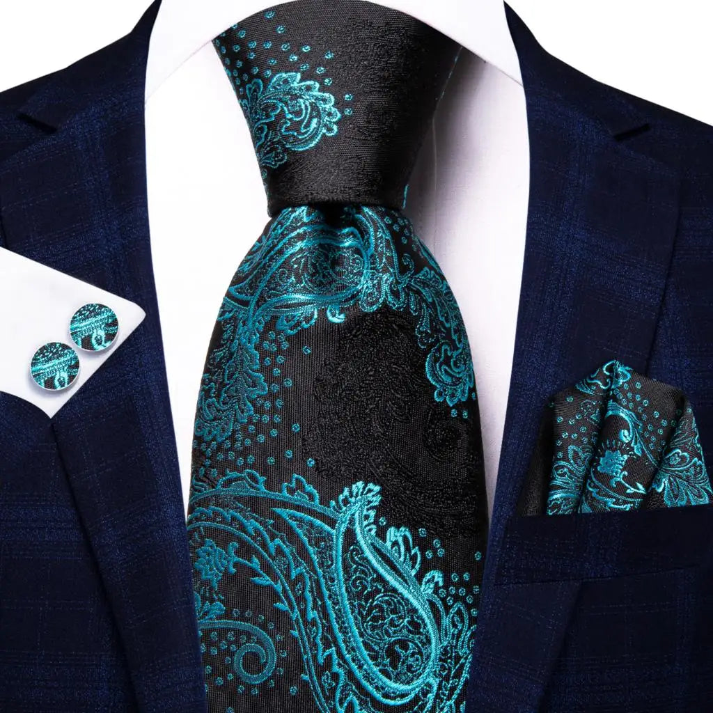 Hi-tie Design Black Solid Dot Silk Wedding Tie For Men Hanky Cufflink Gift Men Necktie Gravata Set Fashion Business Dropshipping