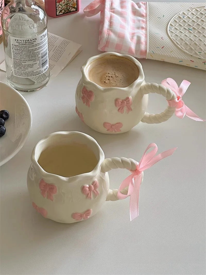 Cute Bow Thickened Ceramic Cup Hand Bow Irregular Mug Cups Coffee Milk Drinks Cup