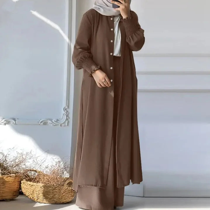 Muslim 2 Piece Women Long Coat Wide Leg Pants Suit Ramadan Morocco Dubai Islam Casual Ensemble Kimono Musulmane Arabic Outfits