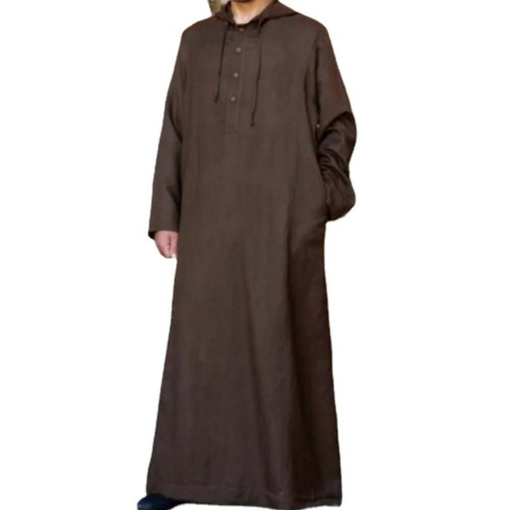 2026 Arabic Style Hooded Long Shirt Mens Muslim Robe Thobe Traditional Islamic Clothing