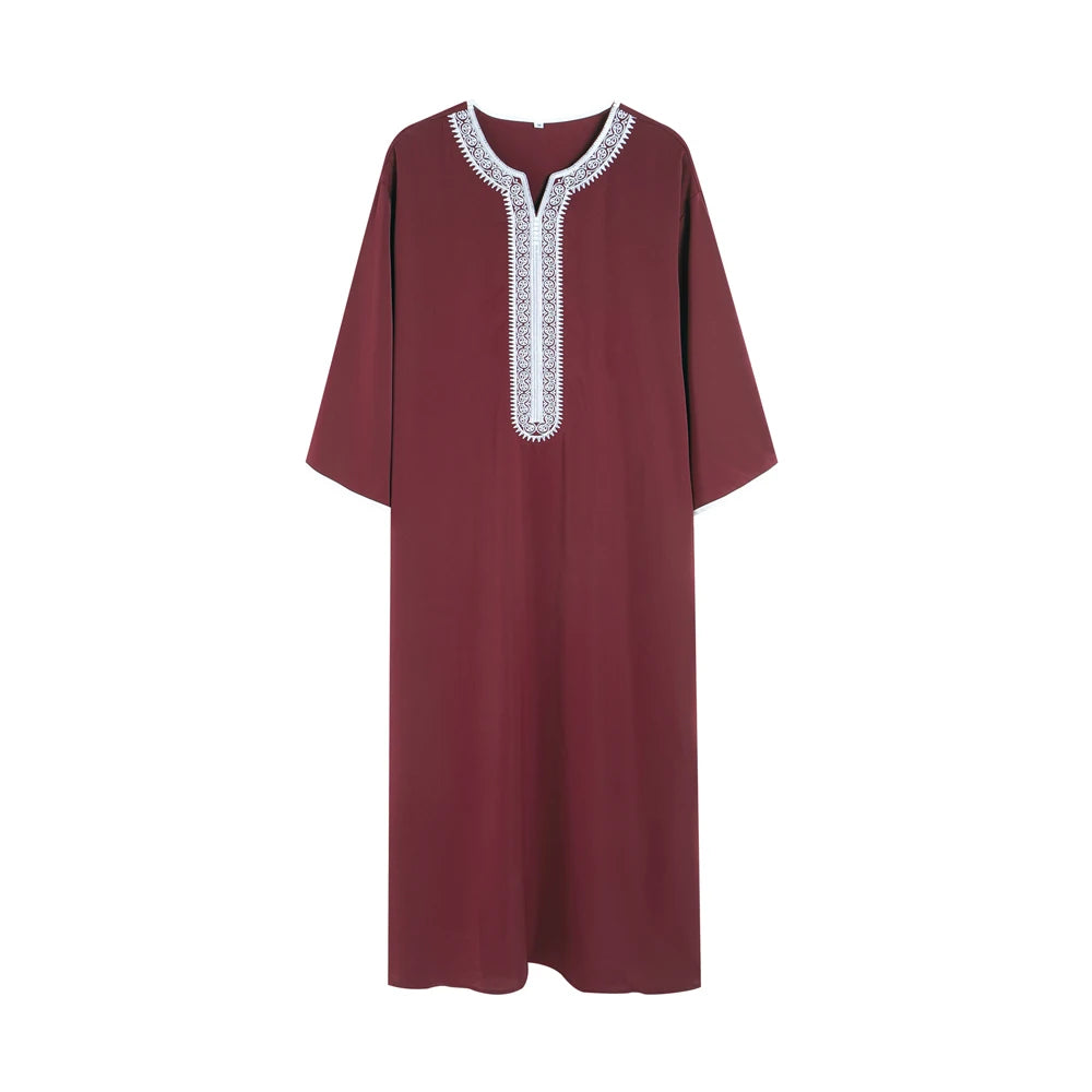 Muslim Men's Short Sleeve Jubba Thobe Solid Color Embroidered Breathable Traditional Islamic Clothing Saudi Arabian Kaftan Abaya