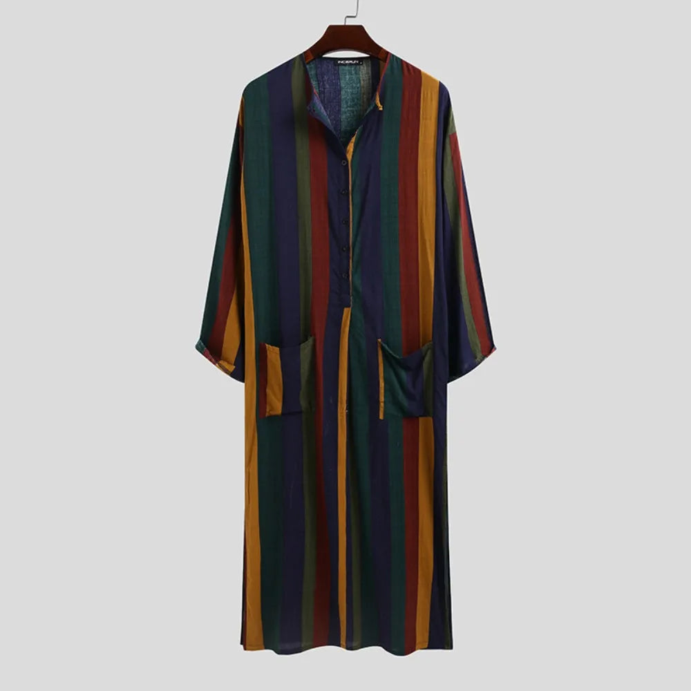 Arab Men's Robe Shirt Long Sleeved Striped Printed T-shirt Muslim Cotton Robe Suitable for Daily Wear and Cultural Activities