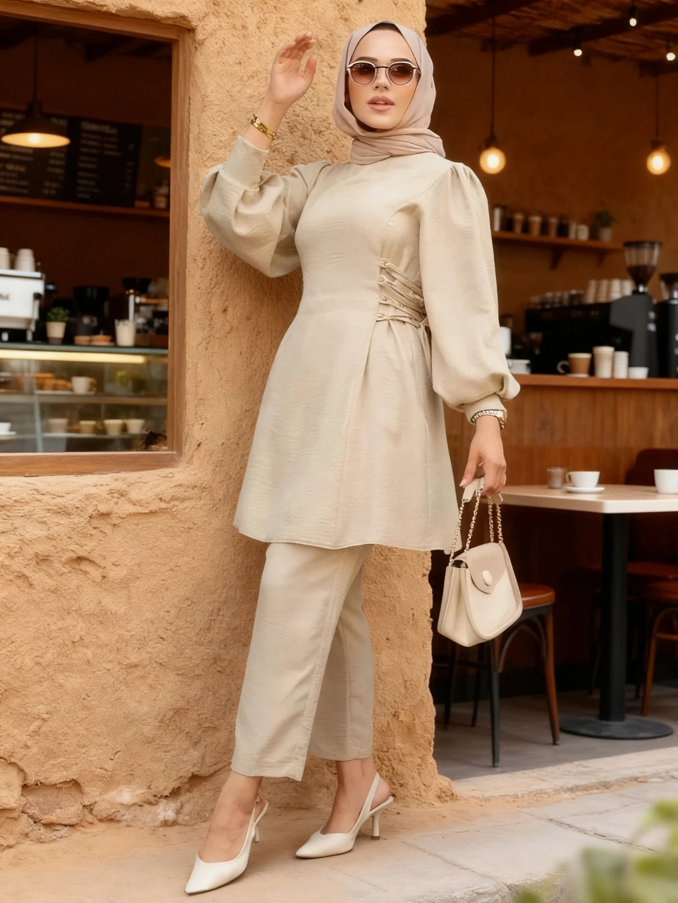 Muslim Women 2 Piece Set Women Lace Up Long Top Shirt Straight Pants Suit Ramadan Morocco Dubai  Ensemble Trousers Arabic Outfit