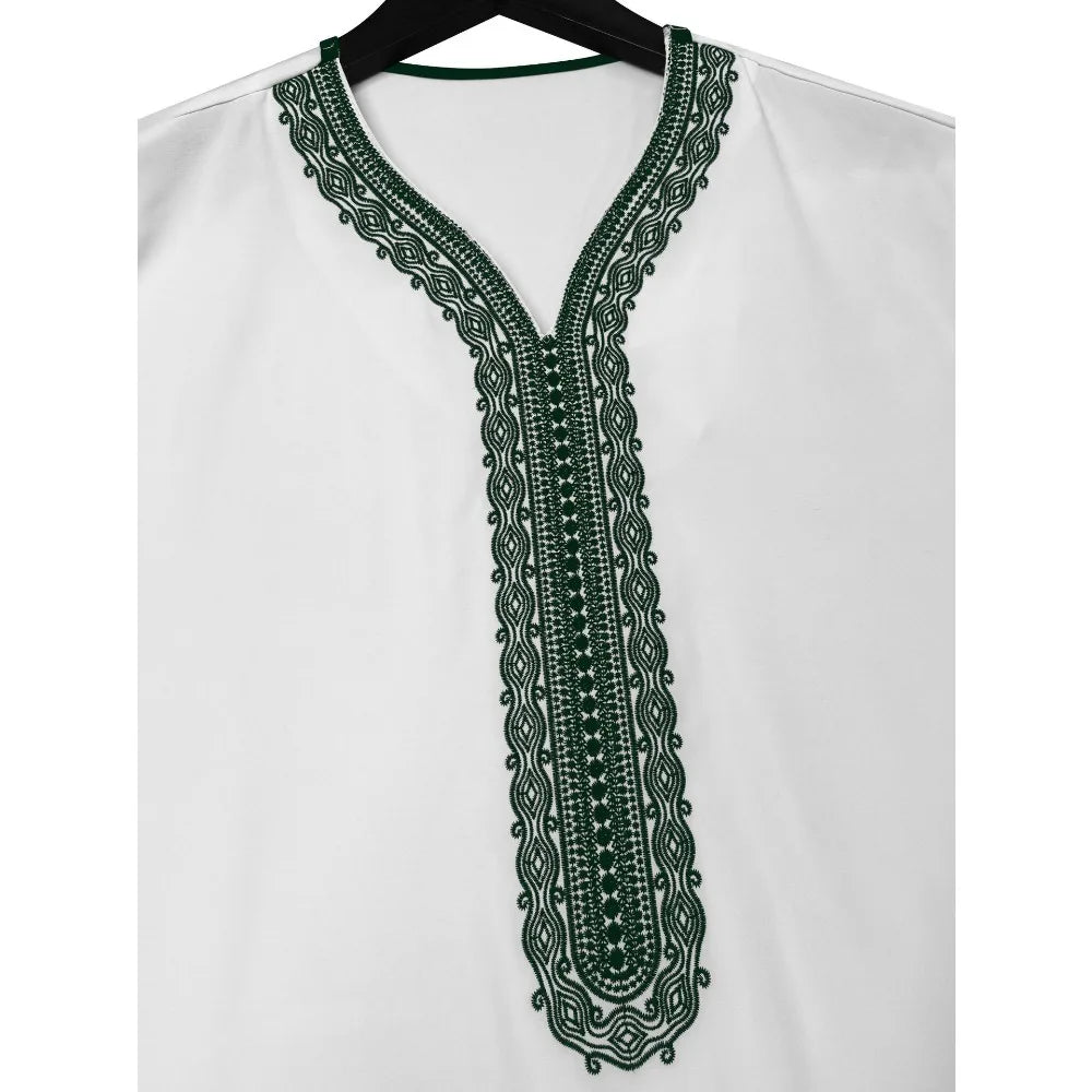 Men's Moroccan Style Thobe - 3/4 Sleeve Arabic Robe with Side Pockets, Ethnic Middle Eastern Loose Fit Muslim Wear