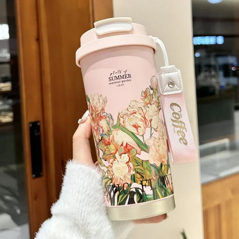 Coffee Mug Woman 500ml ，Stainless Steel Vacuum Flask with Straw and Thermal Cup for Drinking Directly