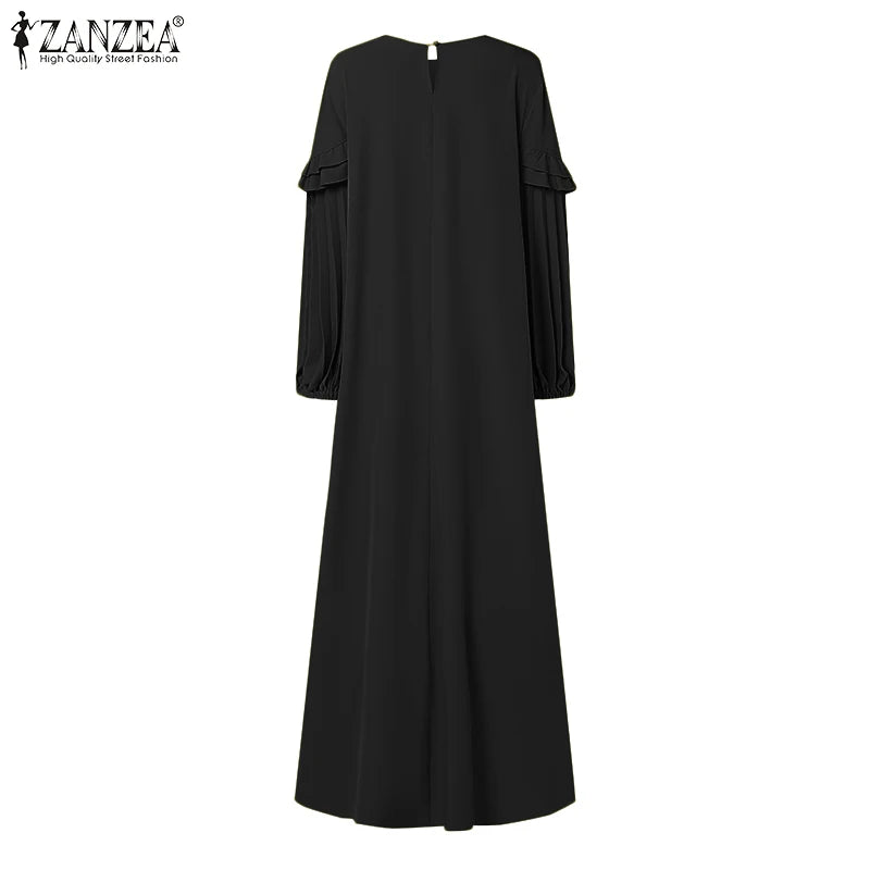 ZANZEA Elegant Hijab O Neck Maxi Dress Pleated Women Solid Muslim Islamic Abaya Robe Lantern Sleeve Casual Ruffles Vestidos