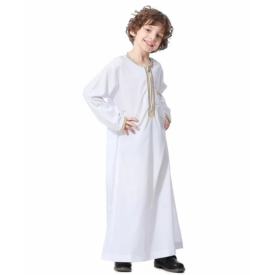 Teenage Boys' Summer Muslim Robe Kids Arab Folk Clothes Boys Solid Color Thobe 5-14 Years National Outfit for Children New